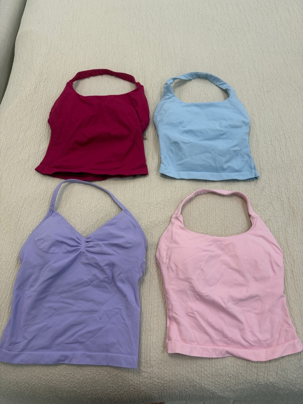 Set of 4 Halter & Cami workout Tops in Berry, Sky Blue, Lavender, and Light Pink